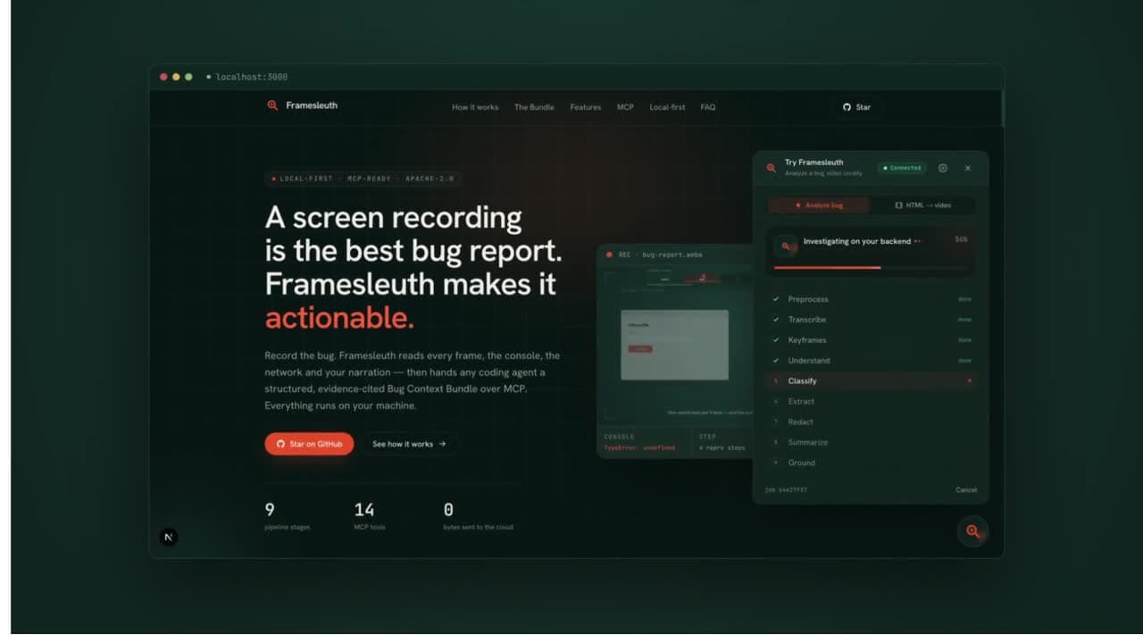 Explainer: Framesleuth scores any video deterministically and assembles an evidence-cited Context Bundle for a coding agent